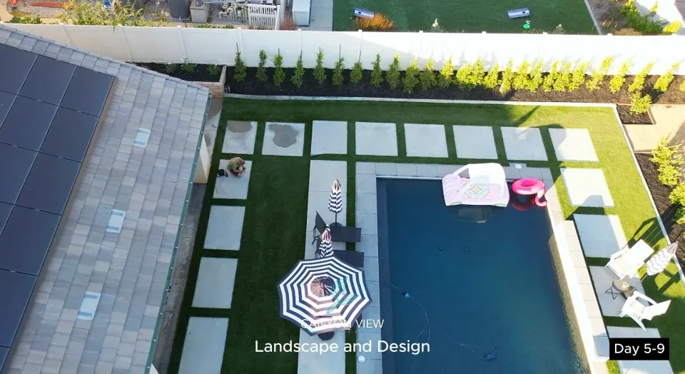 Overhead view of a poolside layout with green borders